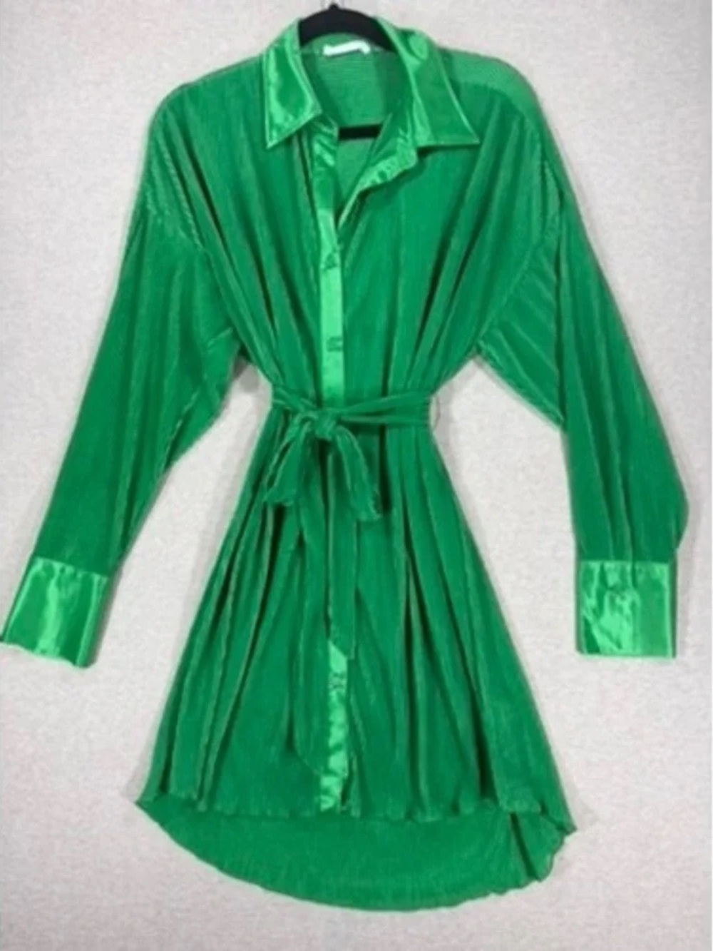 12th Tribe Emerald Green Satin Shirt Dress with Self Tie